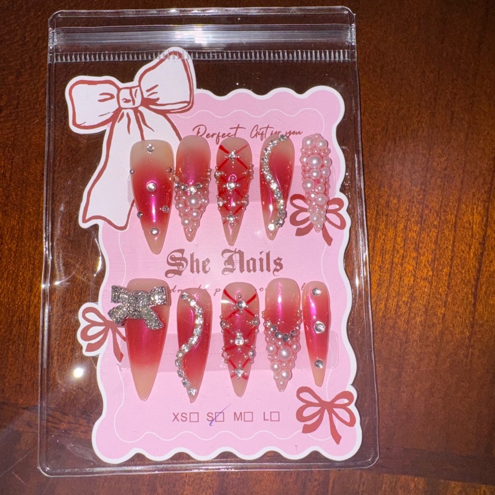 Red and Pink Rhinestone Nail Set